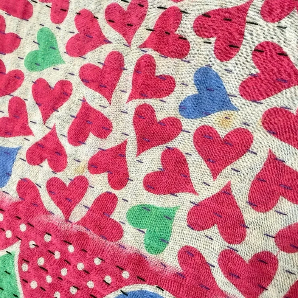 Kantha Sari Quilt small‎ K #295 made in India colorful hearts NEW